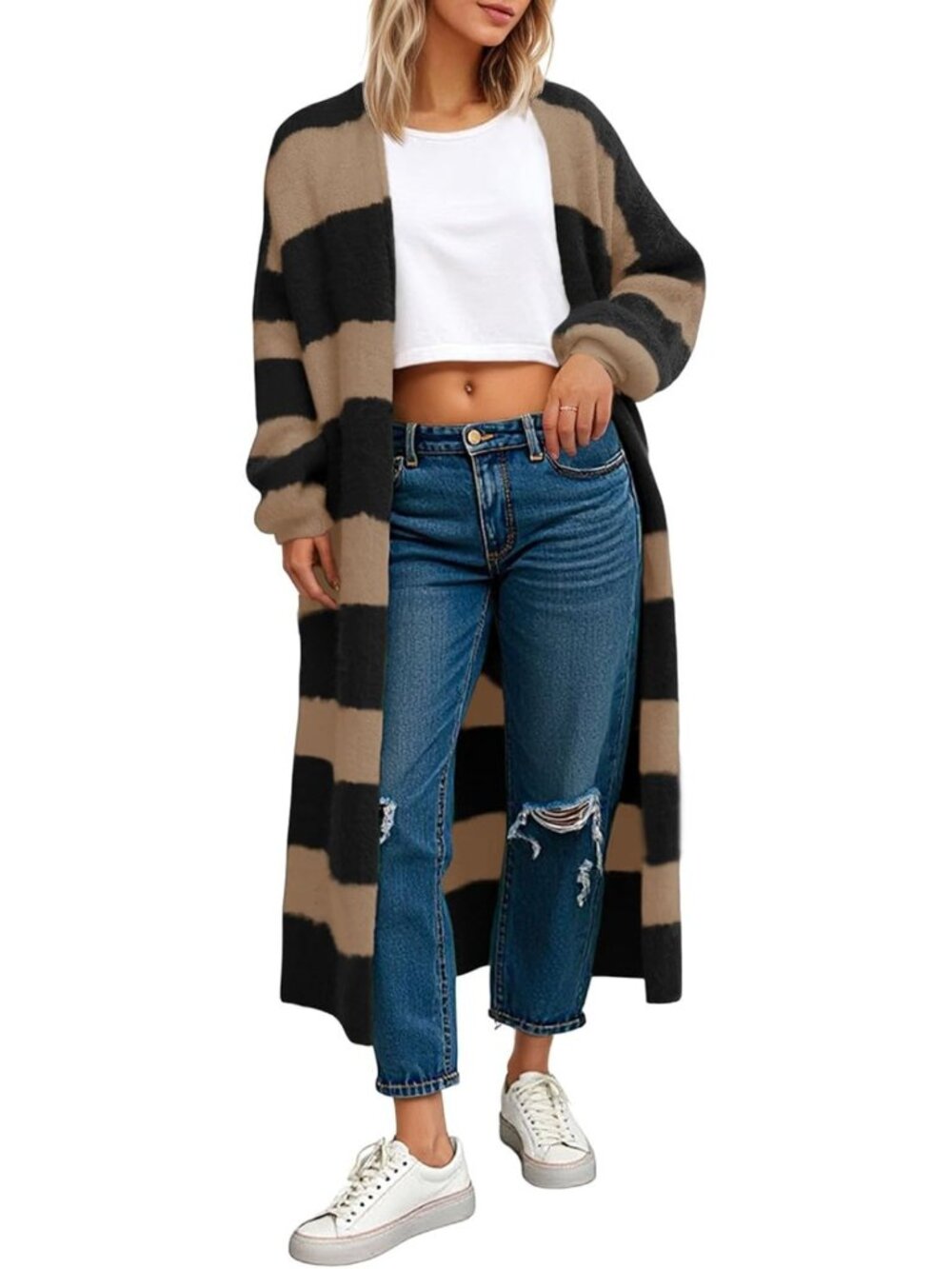 Oversized Striped Long Cardigan Sweater - Fuzzy Knit Open Front Duster Coat